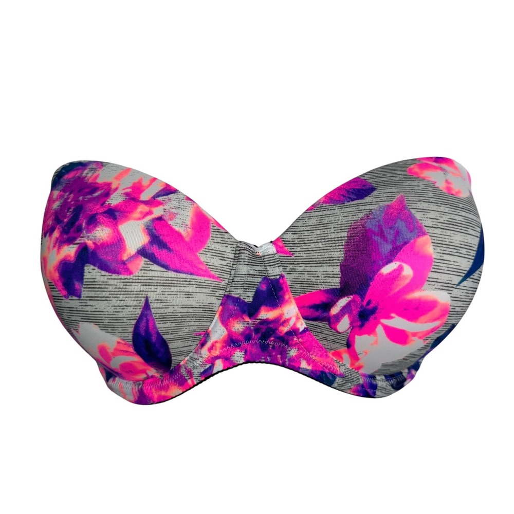 VICTORIAS SECRET 34D Pink Purple Tropical Floral Strapless Underwire Push Up Bra